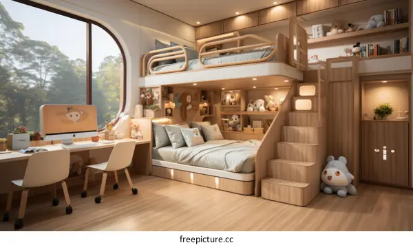 Modern and Cozy Bedroom with Bunk Bed and Large Window