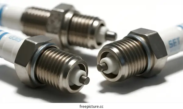 Close-up of metal spark plugs on white background