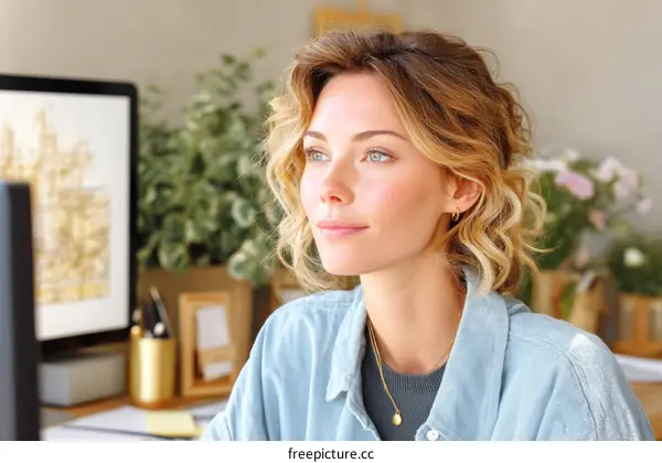 Caucasian Woman Working at Home Office