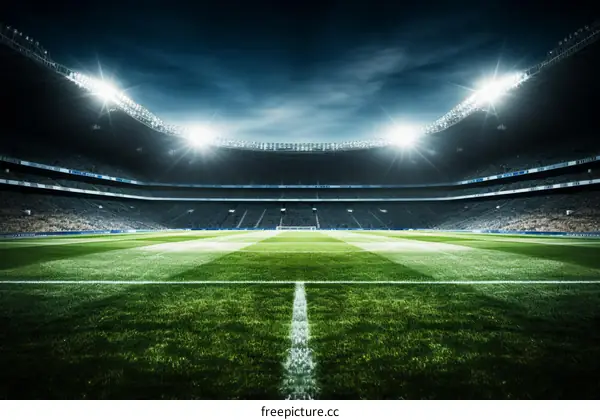 An empty soccer stadium at night with the lights on