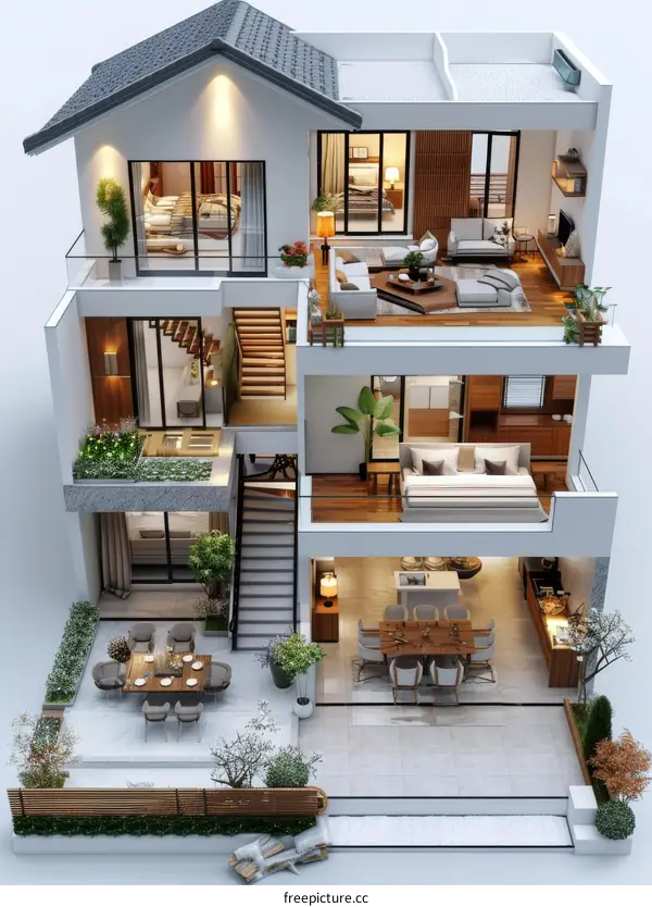 Modern House Design with Outdoor Patio and Balconies