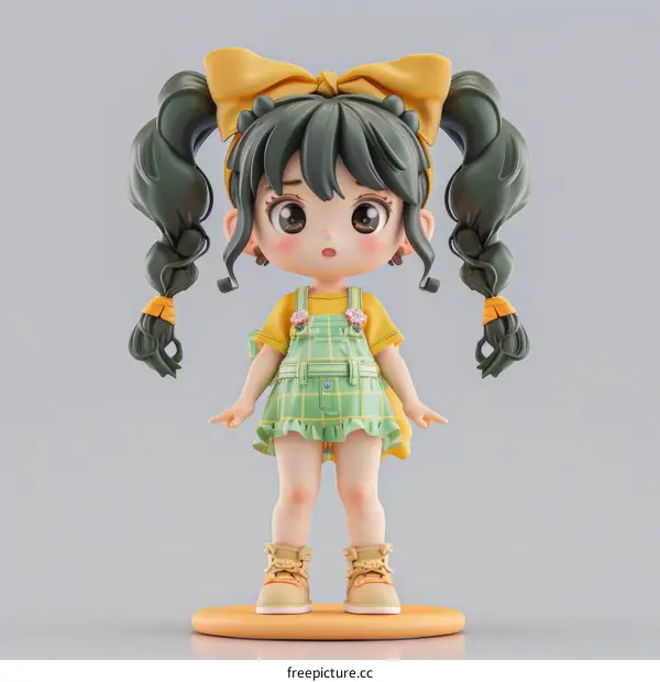 Adorable 3D Cartoon Girl with Green Dress and Yellow Hair Accessories