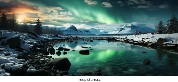 Aurora borealis landscape with snow covered mountains and rocks in the foreground and a starry night sky with a green aurora