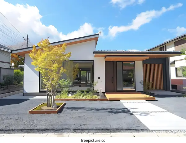 Modern Japanese Style Home with Wooden Entrance and Gravel Yard