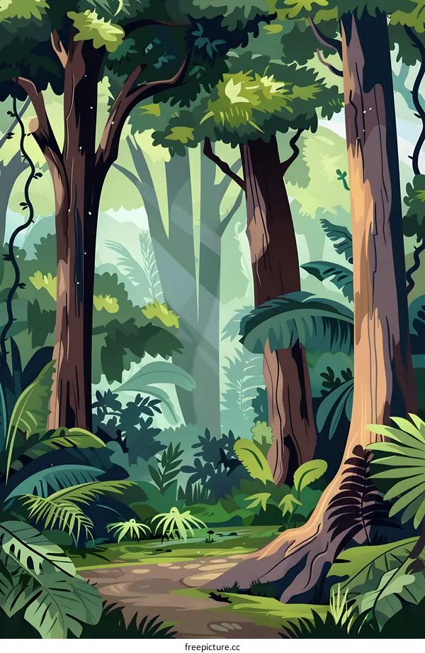Tropical Rainforest Illustration With Lush Greenery and Sunlight