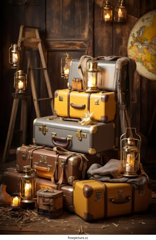 Stack of Vintage Suitcases with Lantern on Top
