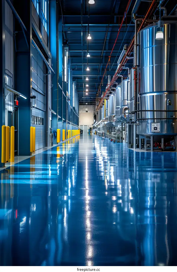 Modern brewery interior with large metal fermentation tanks