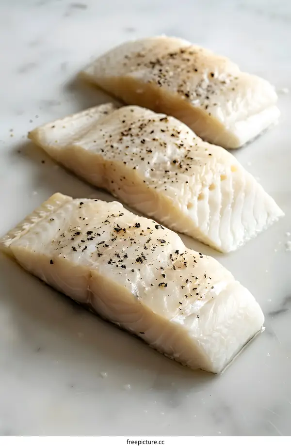 Raw Cod Fillets on Marble Surface