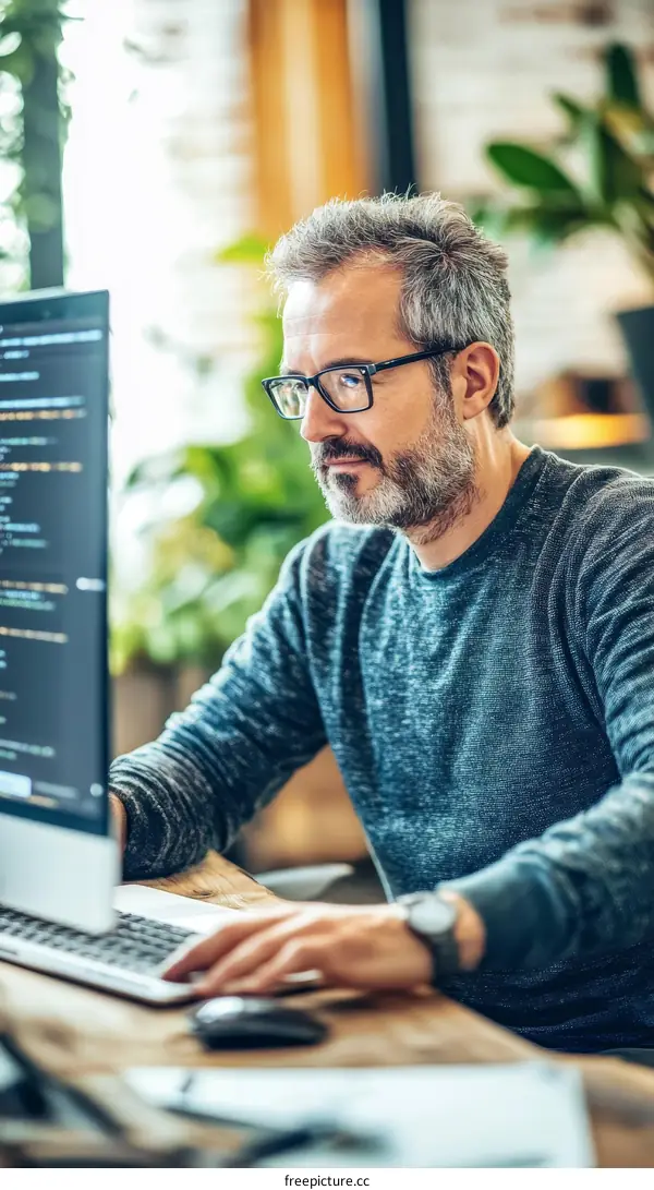 Focused Caucasian Man Working on a Laptop