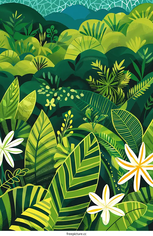 Tropical Rainforest Pattern Green Leaves Illustration