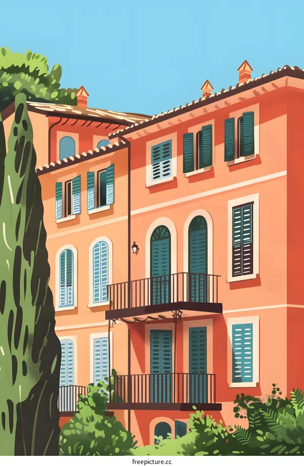 Illustration of European Architecture with Balconies and Shutters