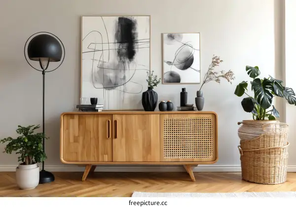Modern Scandinavian Living Room Decor with Wooden Furniture and Abstract Art