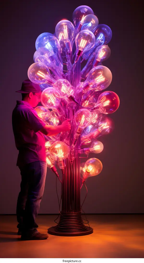Man standing next to a tree made of light bulbs