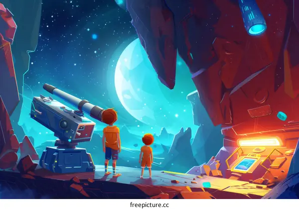 Two boys looking at the moon on an alien planet