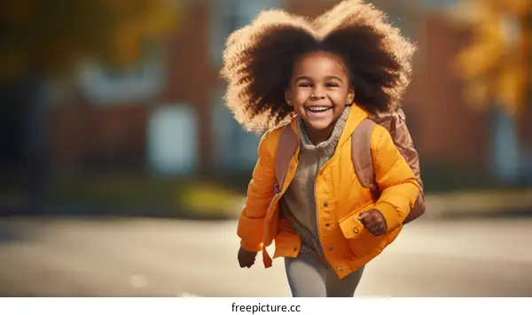 Little African girl with curly hair running happily to school