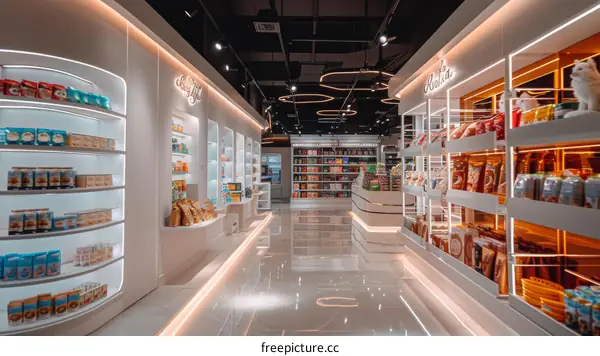 The interior of a modern grocery store with white shelves and bright lighting