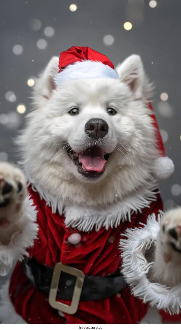 Samoyed dog wearing a Santa hat