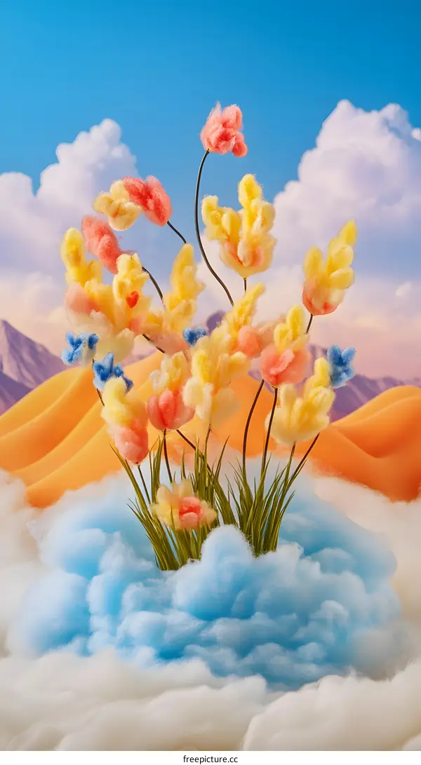 Colorful Fluffy Flowers Growing in a Blue Cloud