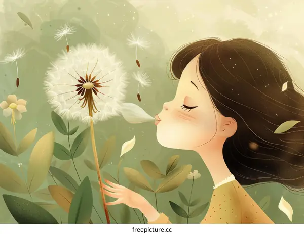 Girl Blowing Dandelion Illustration