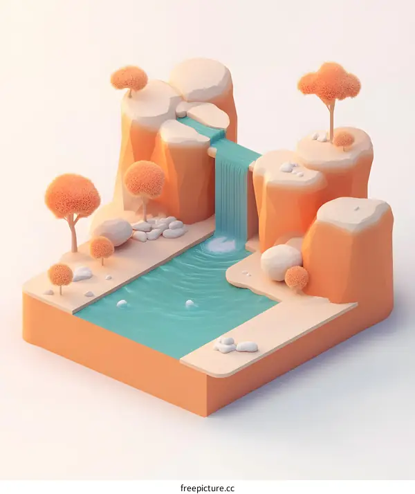 Low Poly 3D Waterfall Illustration with Trees