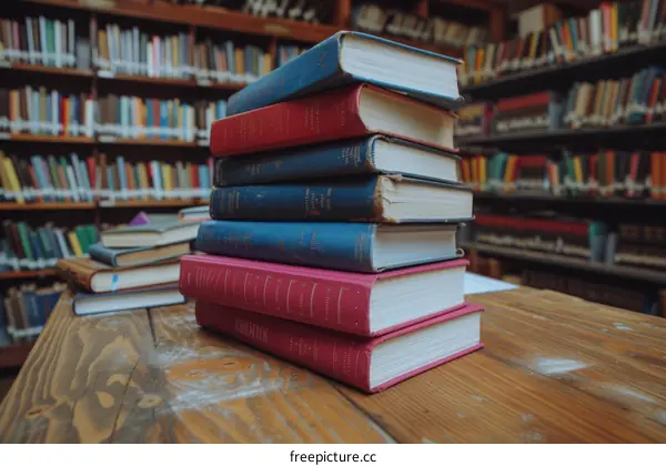 Stack of old dusty books on a wooden table in library
