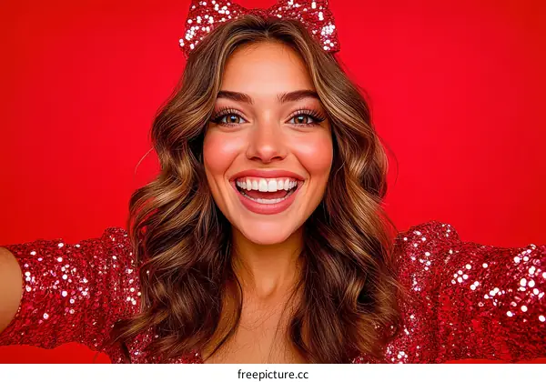 Beautiful Woman Smiling with Sparkling Red Outfit