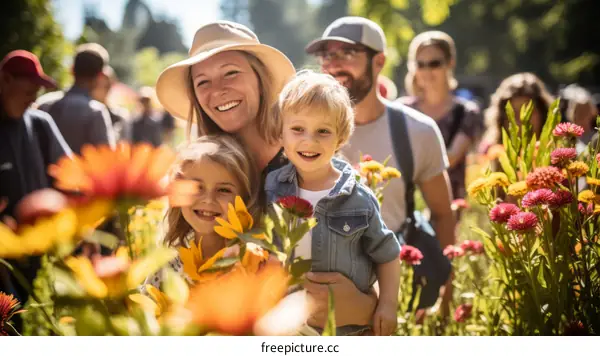 Happy family in a field of flowers