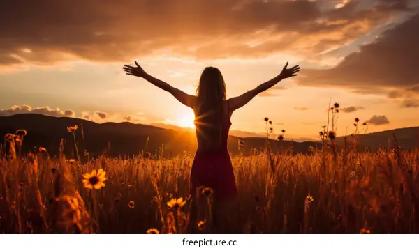 carefree woman in a field of flowers at sunset
