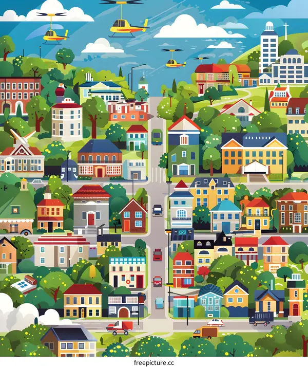 Aerial View of a City With Houses and Buildings