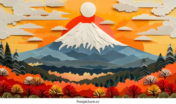 Mount Fuji in the style of paper cutting