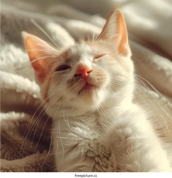 A ginger and white kitten is napping on a blanket in the sunlight