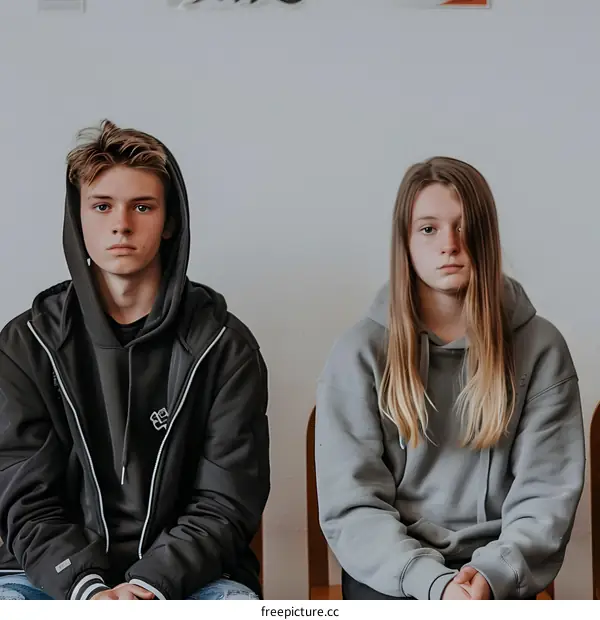 Teenage Boy and Girl Wearing Hoodies Sitting in Chairs
