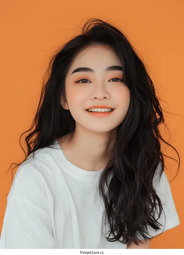 Portrait of a Smiling Young Asian Woman with Long Black Hair