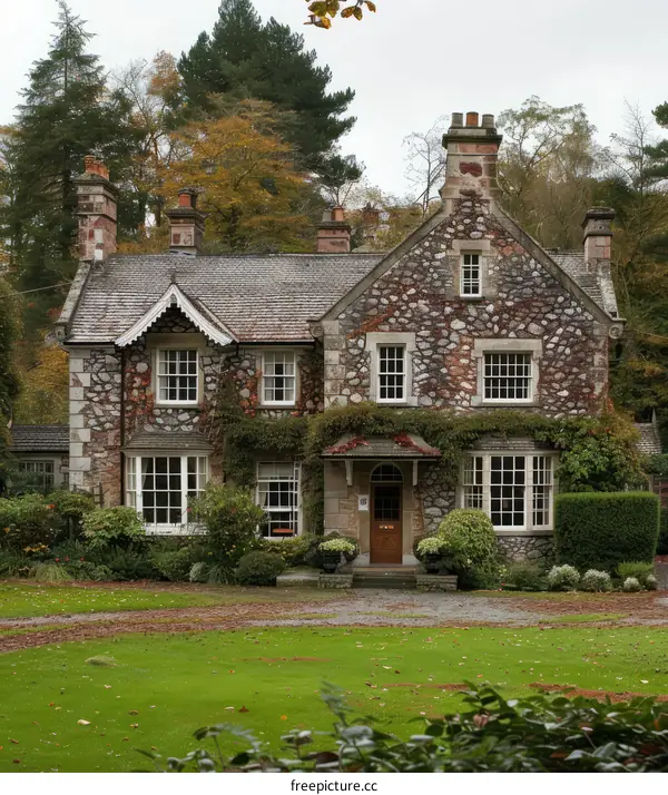 A stone cottage in the countryside with a large garden