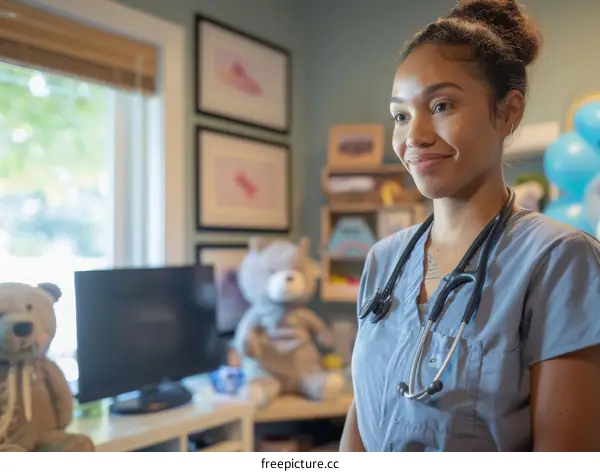 A young female doctor is standing in a brightly lit room smiling