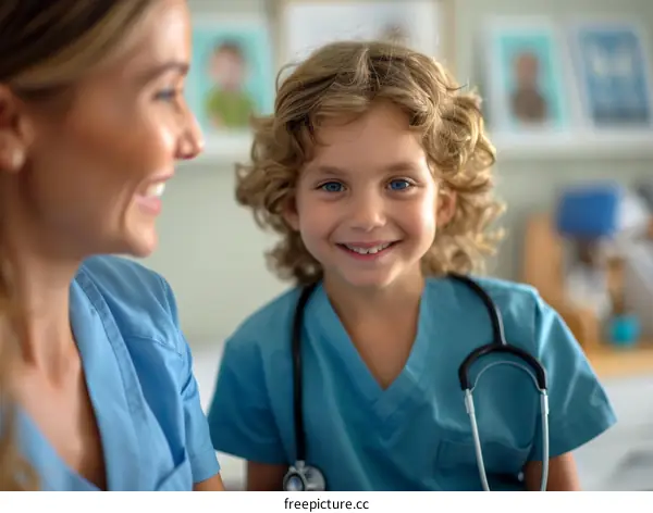Little boy and female doctor smiling at each other