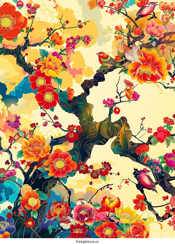 Blooming Flowers and Birds in a Japanese Style