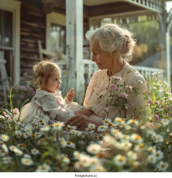 Grandmother and Granddaughter in a Floral Garden