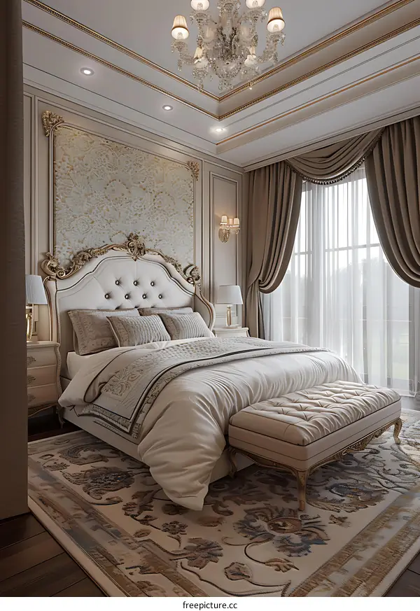 Ornate bedroom with a large bed, bench, and patterned rug