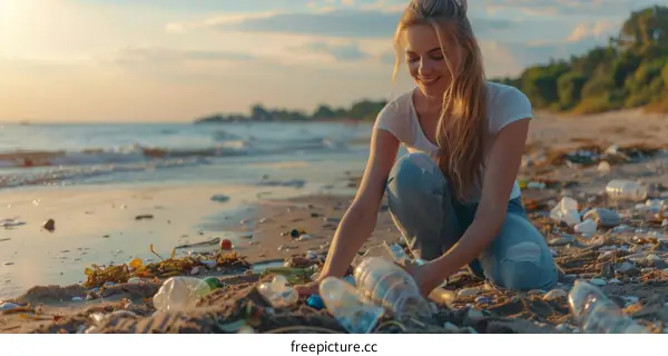 Young woman picking up plastic bottles from beach to protect environment