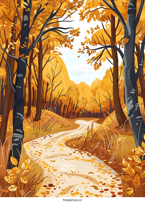 Autumn Forest Path with Golden Leaves