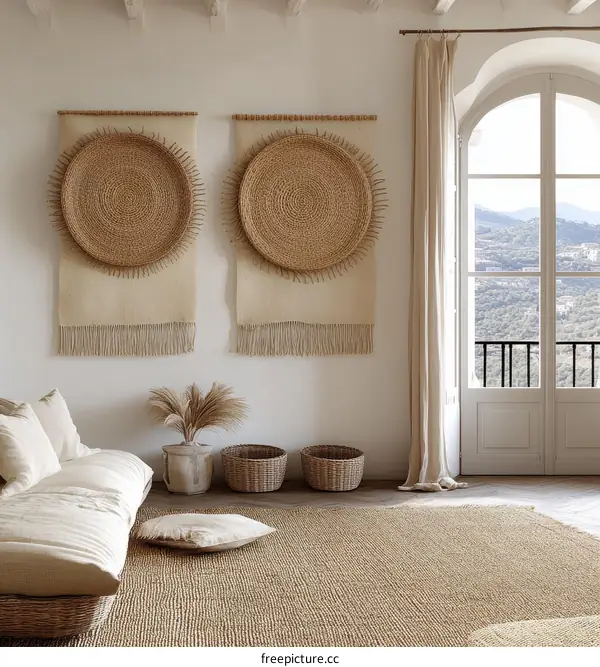 Natural Woven Wall Decor in a Minimalist Living Room