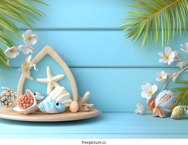 Summer Seashells and Palm Leaves on Blue Wooden Background