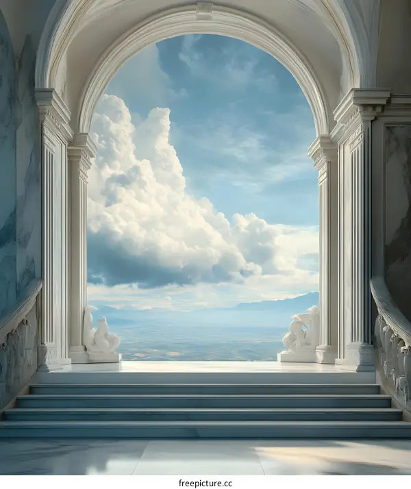 Marble Archway Leading to a Beautiful Sky and Mountains