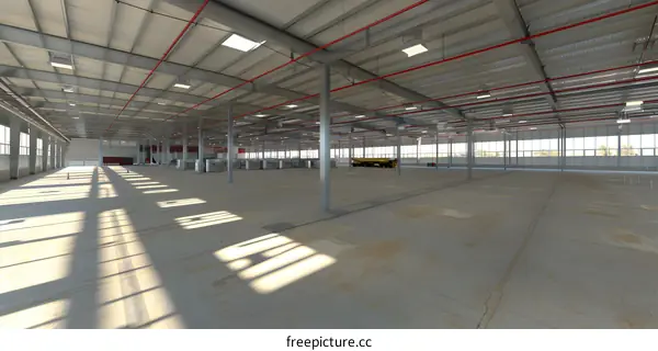 Large Empty Industrial Warehouse with Steel Beams and Concrete Floor