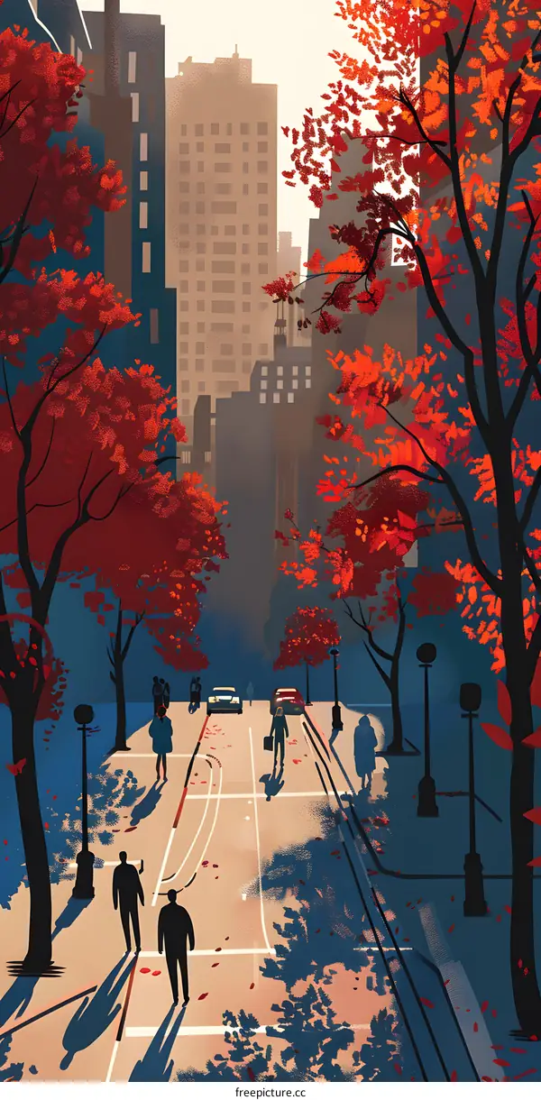 Autumn Cityscape with People Walking Through Red Trees