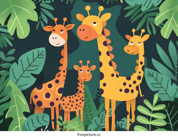 Cute Cartoon Giraffe Family in Jungle