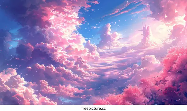 Floating City in a Dreamy Pink Sky
