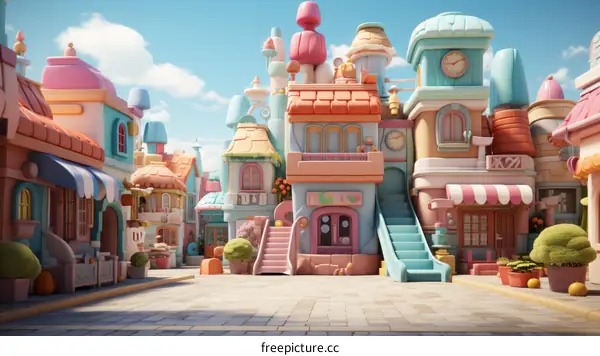 Whimsical Town Illustration with Colorful Cartoon Buildings