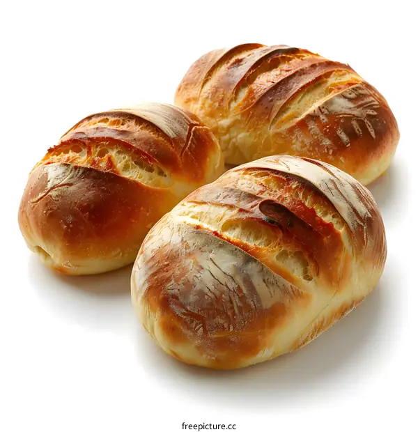 Three loaves of bread on a white background